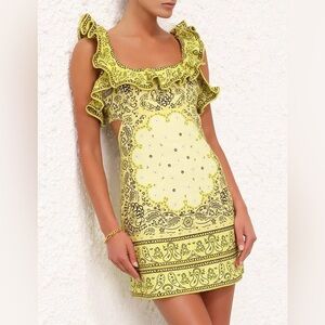 Zimmermann Yellow Paisley Ruffle-Trim Mini Dress